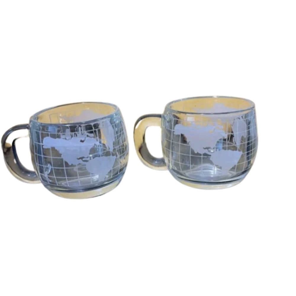Vintage Nestle Nescafe Clear Glass Globe World Map 8 oz Coffee Mugs, set…